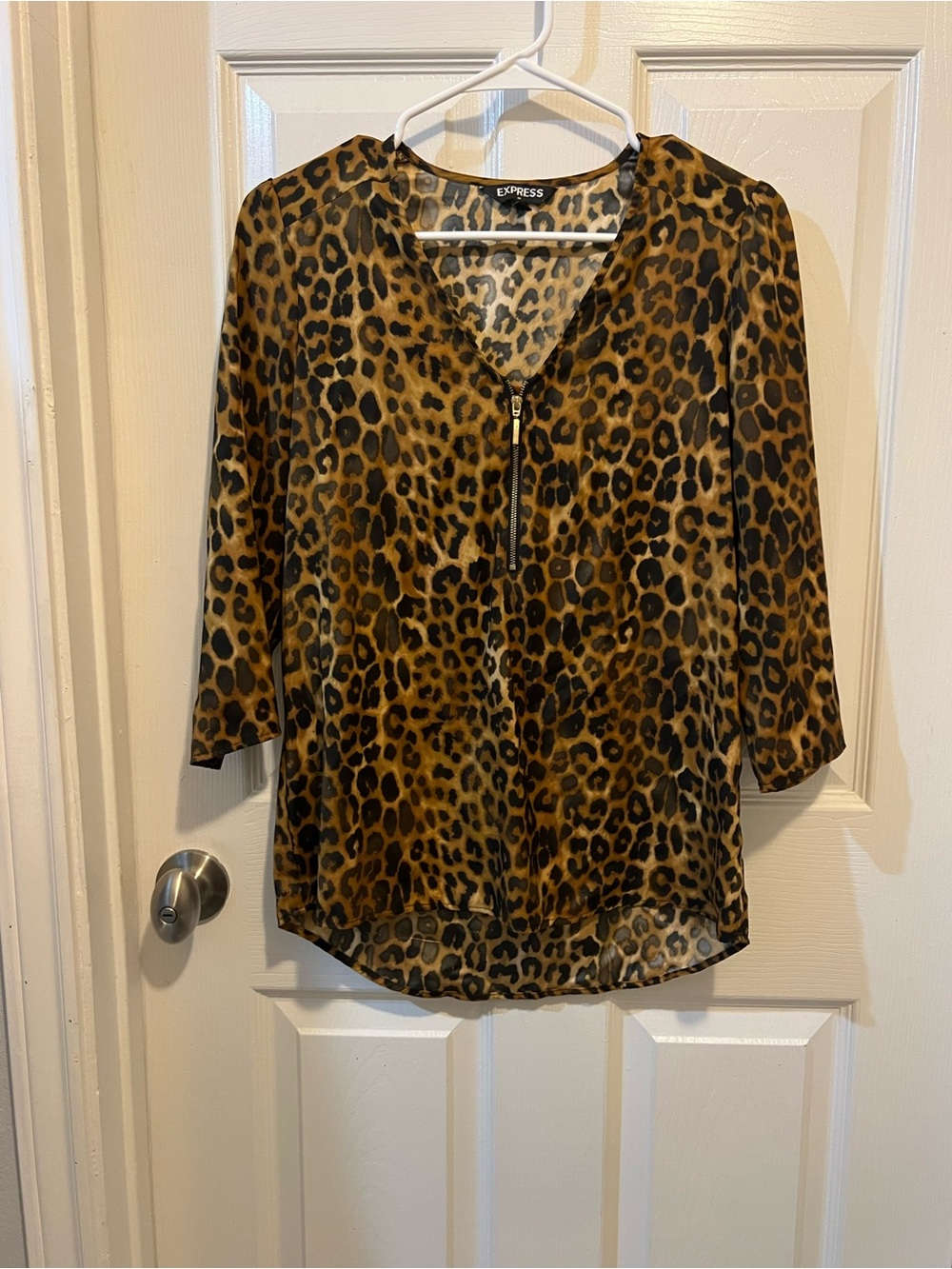 Express Leopard Print Zip-Front Blouse in Brown and Black